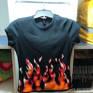 Mariposa Black Tee with Red and Orange Flame Print